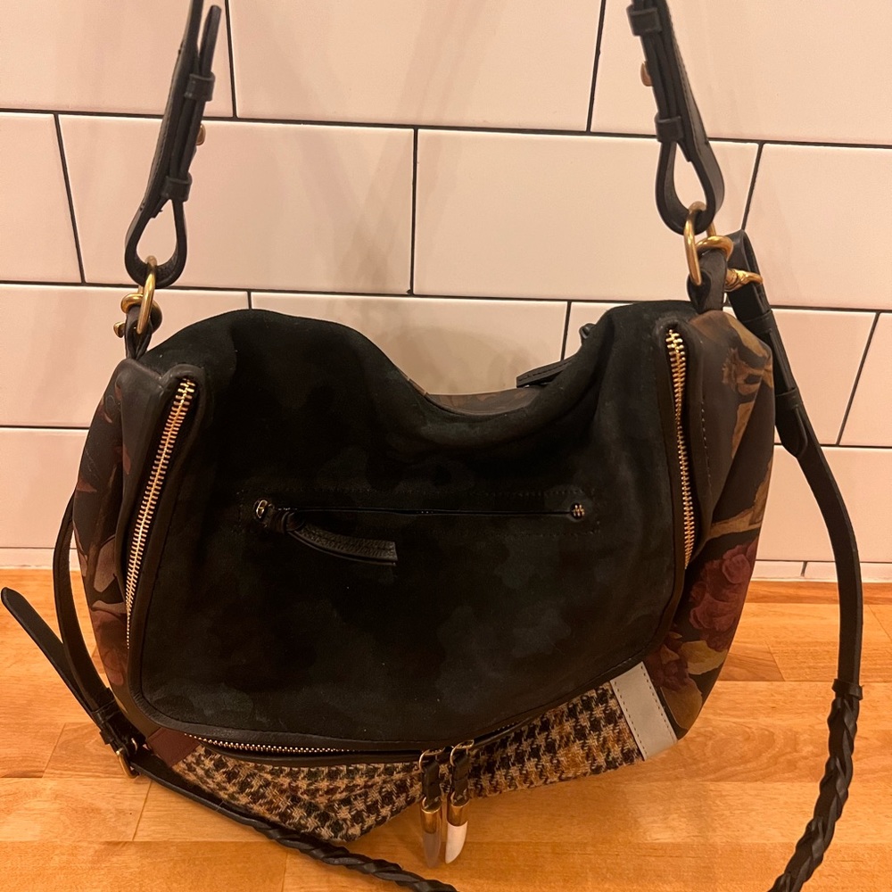 Kempton & Co Rough Night Crossbody in black peony and Harris Tweed